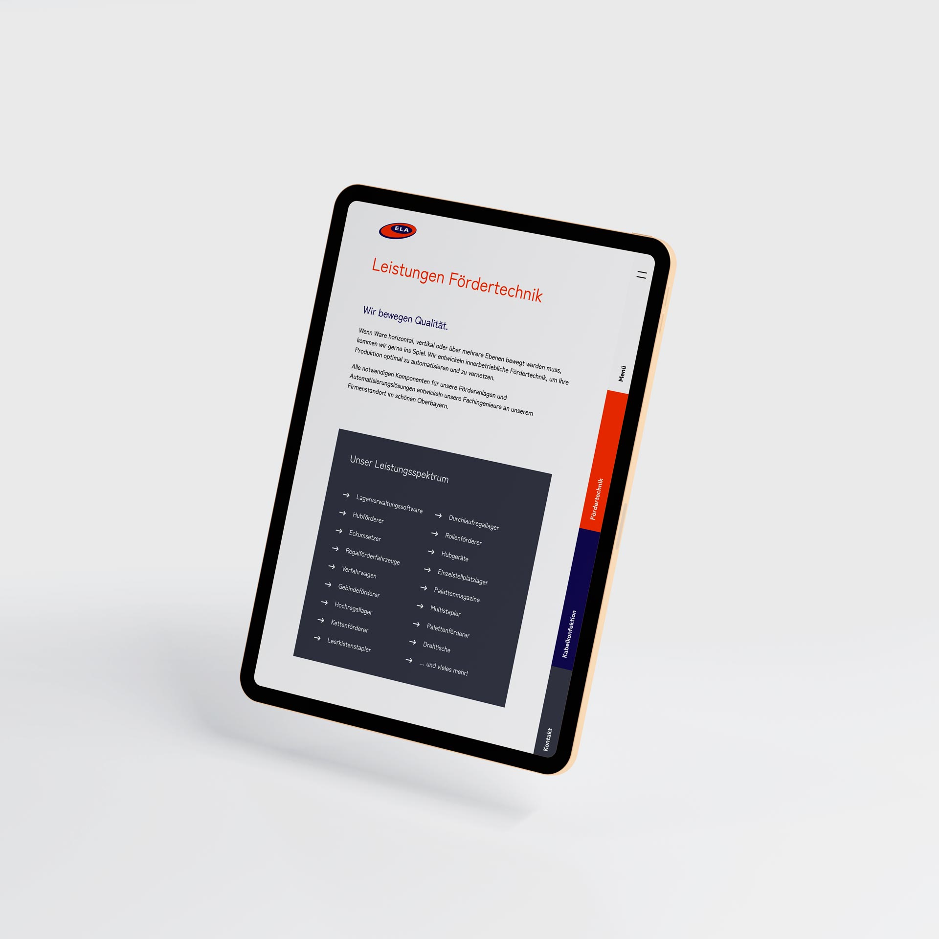 Mockup der ELA-Fördertechnik Webseite auf einem iPad im Hochformat