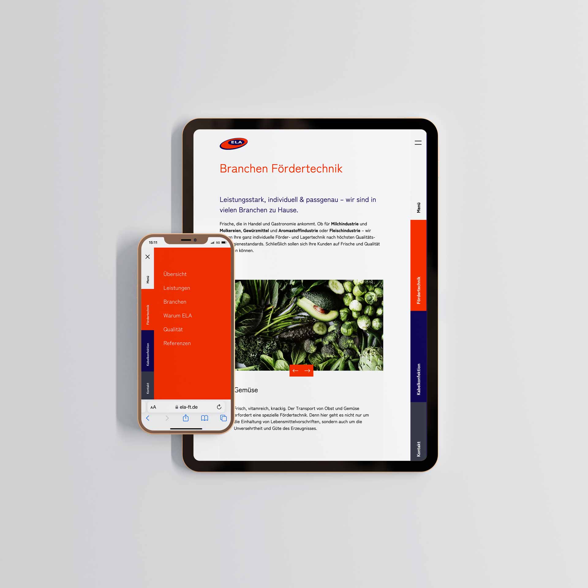 Mockup der ELA-Fördertechnik Webseite auf einem iPad und einem iPhone