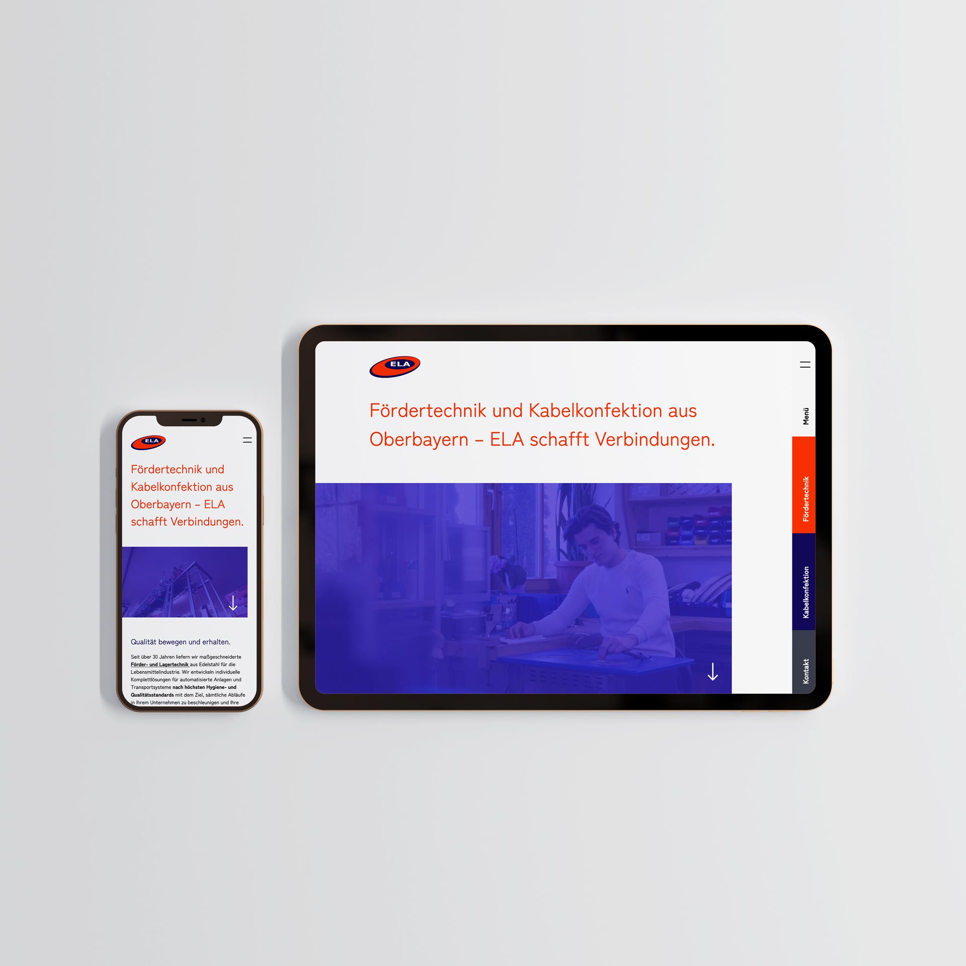 Mockup der ELA-Fördertechnik Webseite auf einem iPad und einem iPhone