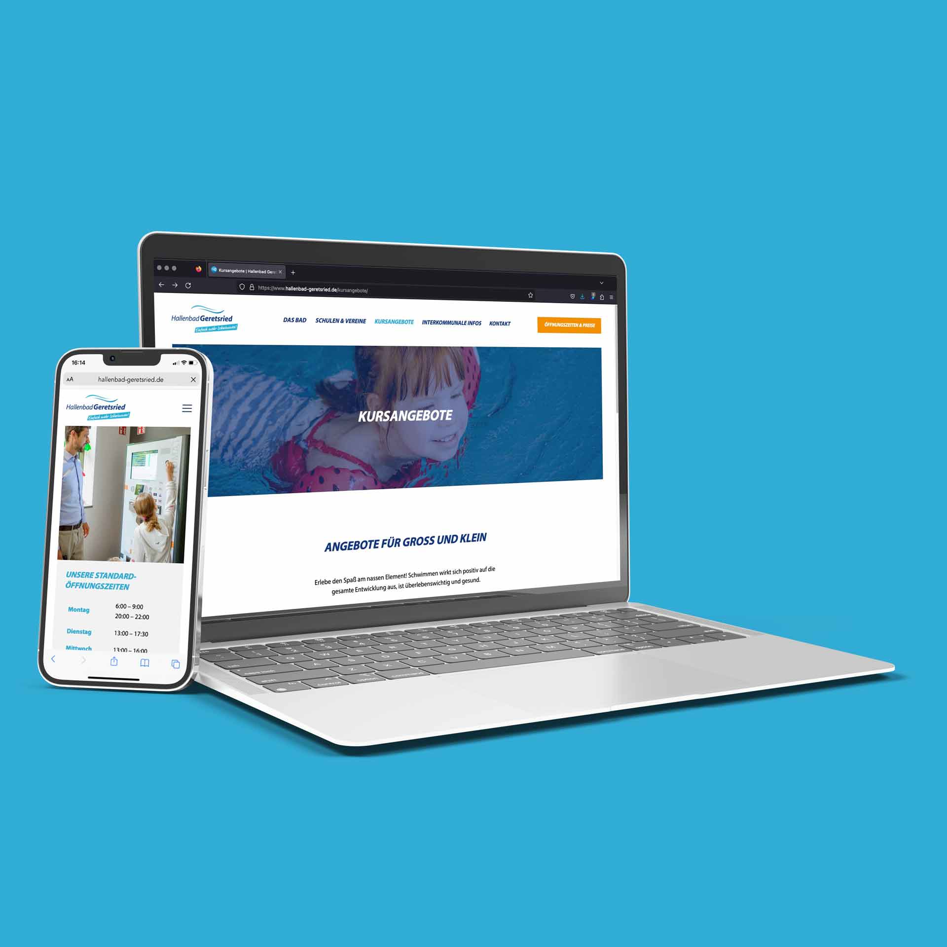 Mockup der Hallenband Geretsried-Webseite auf einem iPhone und einem MacBook auf blauem Hintergrund